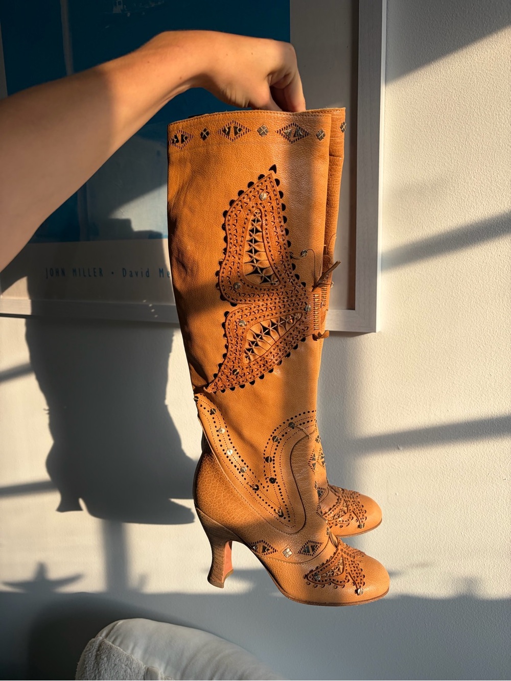 Anna Sui Tan Over-the-Knee Embroidered Leather Boots